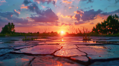A stunning sunset scene showcasing vibrant colors reflecting on cracked ground, with silhouetted trees in the background, evoking a sense of peace and beauty.の素材