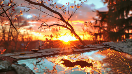 A stunning sunset captured through a broken window pane, featuring shattered glass that reflects warm colors of dusk with silhouettes of trees.の素材