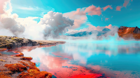 A breathtaking view of a vibrant hot spring surrounded by misty clouds, showcasing colorful reflections in still water under a clear blue sky.の素材