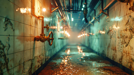 This image features a dark and eerie industrial corridor, characterized by dim lighting, rusting pipes, and puddles of stagnant water, creating a haunting atmosphere.の素材