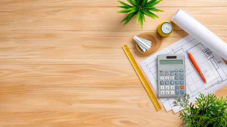 A beautifully arranged workspace featuring calculator, blueprints, and office supplies on a wooden desk, accented by greenery for inspiration. Perfect for projects.の素材