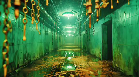 A captivating image of an abandoned corridor, illuminated by eerie green lights, featuring chains hanging above and water pooling on the floor, creating a mysterious atmosphere.の素材