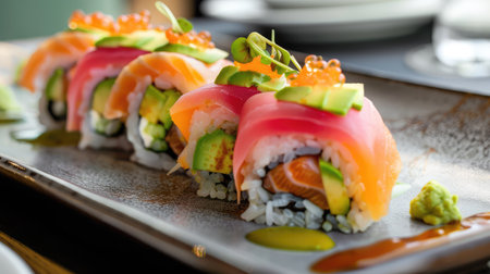 A visually appealing arrangement of vibrant sushi rolls featuring fresh fish and vegetables, set on a stylish plate, perfect for food lovers and culinary enthusiasts.の素材