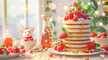 A tempting stack of fluffy pancakes topped with fresh strawberries and drizzled with syrup, set in a cheerful kitchen filled with light and vibrant decor.の素材