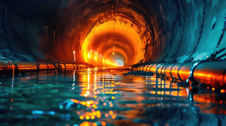 A captivating view of an underground tunnel illuminated by warm orange lights, creating a mysterious atmosphere with reflections on the water surface.の素材