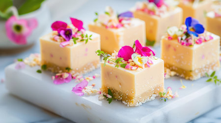 A stunning display of exquisite dessert squares adorned with vibrant edible flowers and fresh herbs. Perfect for special events or celebrations.の素材