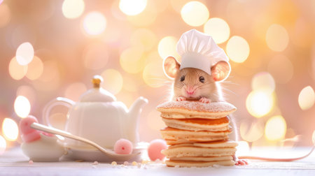An adorable mouse dressed as a chef crafts a stack of fluffy pancakes in a cozy kitchen, featuring a bright, dreamy bokeh background for a whimsical touch.の素材