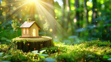 This enchanting scene features a tiny house perched on a tree stump, bathed in warm sunlight amidst a vibrant forest filled with greenery.の素材