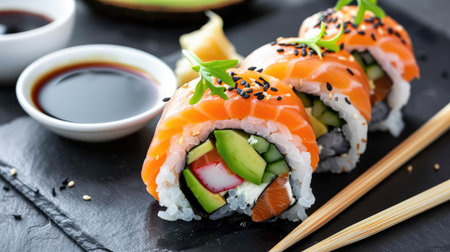 A vibrant and expertly crafted sushi roll featuring fresh salmon, creamy avocado, and crunchy cucumber served with soy sauce and wasabi on a dark slate plate.の素材
