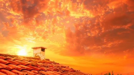 A stunning sunset scene captures the beauty of a terracotta-tiled rooftop with a chimney, surrounded by vibrant orange clouds. The warm light creates a serene atmosphere, showcasing the tranquility of evening. Ideal for nature and landscape themes.の素材