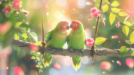 This enchanting image captures two vibrant parrots perched closely together on a branch, surrounded by blooming flowers and sunlight.の素材