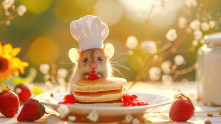 A charming small rodent wearing a chef hat nibbles on delicious pancakes topped with berries in a vibrant outdoor setting filled with light.の素材