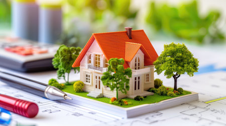 A detailed miniature house model sits on an architectural blueprint surrounded by greenery and stationery items, symbolizing home design and planning.の素材