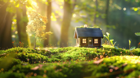 A captivating scene features a tiny house enveloped in lush green moss, illuminated by soft sunlight streaming through trees, depicting a serene forest atmosphere.の素材