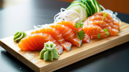 This image showcases beautifully arranged salmon sushi slices on a wooden platter, accompanied by wasabi and fresh garnishes. A feast for the eyes!の素材