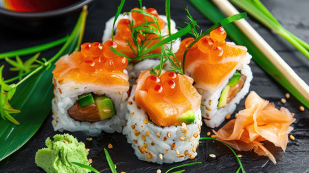 A beautifully arranged plate of sushi rolls featuring fresh salmon and cucumber, garnished with wasabi and orange roe, perfect for food lovers.の素材
