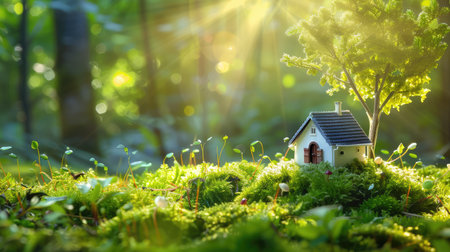 This enchanting image features a charming miniature house nestled in vibrant green moss, surrounded by lush plants and illuminated by soft sunlight, creating a serene forest ambiance.の素材