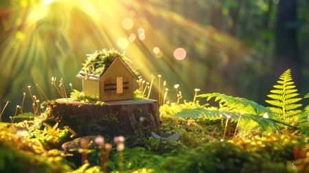 A miniature wooden house rests atop a moss-covered stump, surrounded by vibrant green ferns and delicate flowers, illuminated by ethereal sunlight filtering through trees.の素材