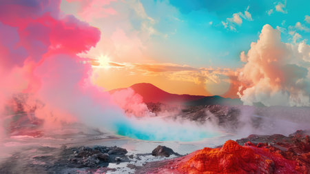 This stunning landscape showcases a vibrant geothermal area at sunset, with colorful steam emissions and serene mountainous views. Perfect for nature lovers.の素材