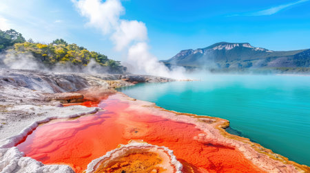 Experience the breathtaking beauty of vibrant geothermal hot springs with colorful waters and steam rising under a clear blue sky, creating a unique landscape.の素材
