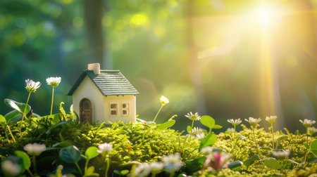 A charming miniature house nestled among lush greenery and delicate flowers illuminates under soft sunlight, creating a peaceful and dreamy scene.の素材