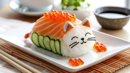 This charming sushi cat roll combines fresh salmon, cucumber, and bright fish roe for a playful and appetizing culinary experience, perfect for food lovers.の素材