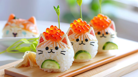 Discover the charm of these whimsical sushi cat creations adorned with salmon roe. Perfect for food photography, they bring joy and creativity to culinary art.の素材