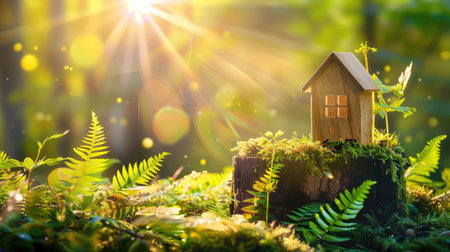 A charming miniature wooden house rests on a mossy stump, surrounded by vibrant greenery, illuminated by warm sunlight in a peaceful forest setting.の素材