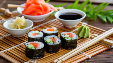 A beautifully arranged plate of sushi rolls sits elegantly on a bamboo mat, accompanied by wasabi, pickled ginger, and soy sauce. Ideal for food lovers.の素材