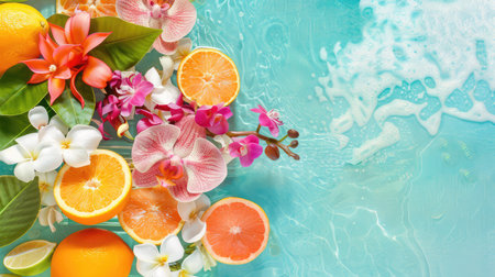 This vibrant composition showcases an arrangement of citrus fruits and tropical flowers against an aqua background, perfect for summer themes.の素材