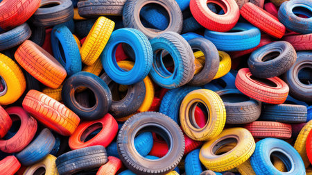 A vivid display of various used tires stacked in a chaotic yet artistic manner. The bright colors contrast against the background, highlighting the importance of recycling in modern automotive practices.の素材