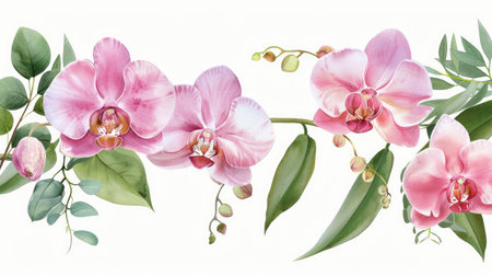 This artwork features exquisite pink orchids accompanied by lush green leaves, showcasing a beautiful and vibrant floral arrangement perfect for enhancing any space.の素材