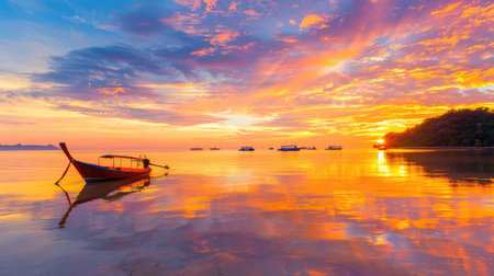 A tranquil scene showcasing a traditional boat resting on calm water during a stunning sunset. The sky is filled with vibrant colors reflecting on the surface, creating a peaceful atmosphere ideal for relaxation and travel inspiration.の素材