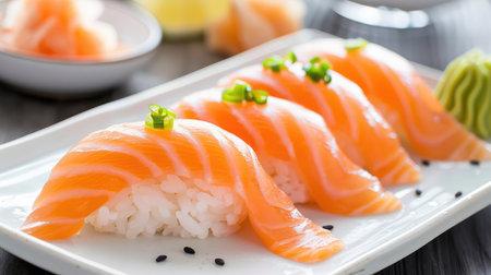 Tempting salmon sushi artfully arranged on a white plate, garnished with wasabi and herbs, perfect for showcasing vibrant culinary tradition.の素材