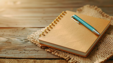 A serene scene featuring a sleek pen resting on an open journal placed on a rustic wooden surface. Perfect for capturing moments of creativity and reflection.の素材