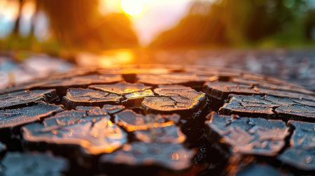 This stunning close-up captures the intricate patterns of cracked earth glistening with morning dew under a vivid sunset, showcasing nature's beauty.の素材