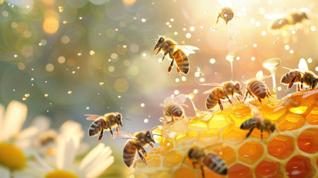 A stunning close-up image of bees gathering nectar from a honeycomb, bathed in soft golden light, with a floral backdrop showcasing nature's beauty.の素材
