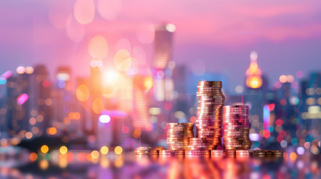 A captivating scene of stacked coins against a stunning city skyline at sunset, featuring soft bokeh lights and a warm color palette that evokes feelings of wealth and opportunity.の素材
