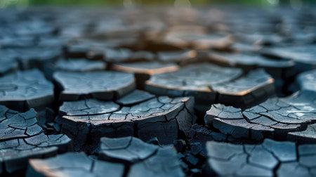 This image captures a close-up view of dry cracked earth, showcasing intricate patterns and textures that illustrate the effects of drought and arid conditions.の素材