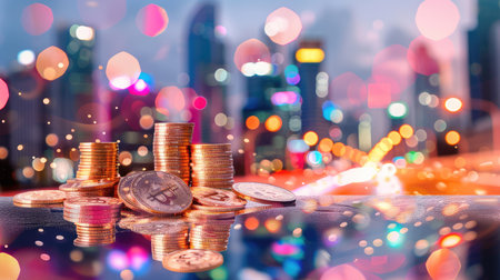 A visually striking composition featuring stacked bitcoin coins on a metallic surface, illuminated by vibrant city lights and a dreamy bokeh effect, perfect for illustrating themes of cryptocurrency, finance, and investment.の素材