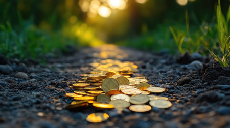 A close-up view of glimmering coins scattered on a gravel pathway, illuminated by warm sunlight filtering through greenery, symbolizing hidden wealth and opportunity.の素材