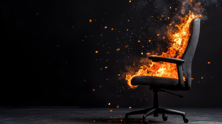 Une chaise de bureau noire prend vie dans cette image dramatique avec des flammesの素材