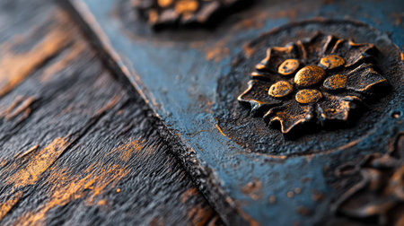 This detailed close-up highlights ornate metalwork featuring a floral design against a textured background. Perfect for artistic and vintage themes.の素材