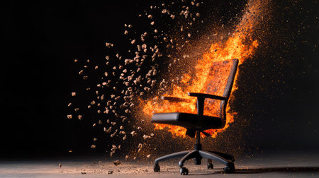 A striking image of a chair engulfed in flames, surrounded by flying debris, capturing concepts of chaos and transformation in a dramatic and surreal manner.の素材