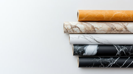 A collection of five marble wallpaper rolls arranged neatly, showcasing various colors and textures on a light background. Perfect for interior design inspiration.の素材