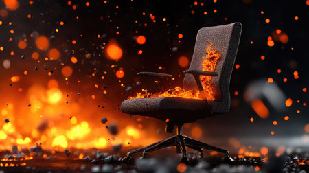 An eye-catching image of an office chair engulfed in flames, illustrating the intensity of fire. The fiery backdrop creates a dramatic atmosphere, perfect for creative projects.の素材