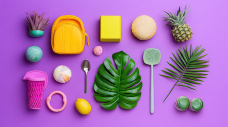 Bright and colorful flat lay composition featuring tropical fruits, beach toys, and vibrant accessories on a purple background, perfect for summer themes.の素材
