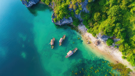 Experience a breathtaking aerial view showcasing traditional boats anchored in shimmering turquoise waters, embraced by vibrant greenery and rugged cliffs.の素材