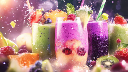 Vibrant fruit smoothies in assorted colors, with splashes of water and fruit garnishes, create a refreshing and joyful scene perfect for summer enjoyment.の素材