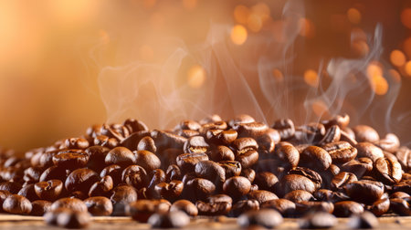 A captivating image of freshly roasted coffee beans exuding delicious aroma with swirling steam. Ideal for coffee enthusiasts and culinary design.の素材